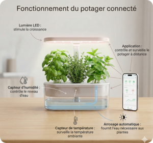 : Schéma expliquant le fonctionnement du potager d'intérieur connecté Cultive avec capteurs, lampe LED et application mobile en format carré