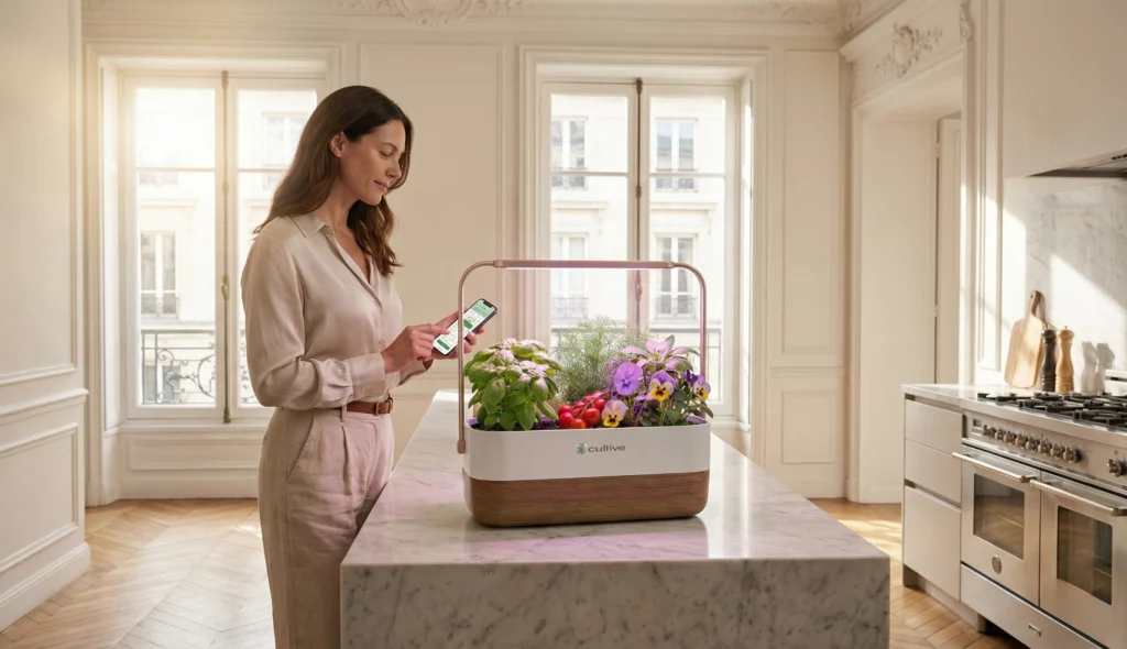 : Vue verticale d'un smartphone affichant l'application Cultive devant le potager blanc.