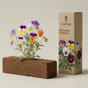 Fleurs de pensées colorées poussant sur une motte de terreau à côté de leur boîte de recharge Cultive.
