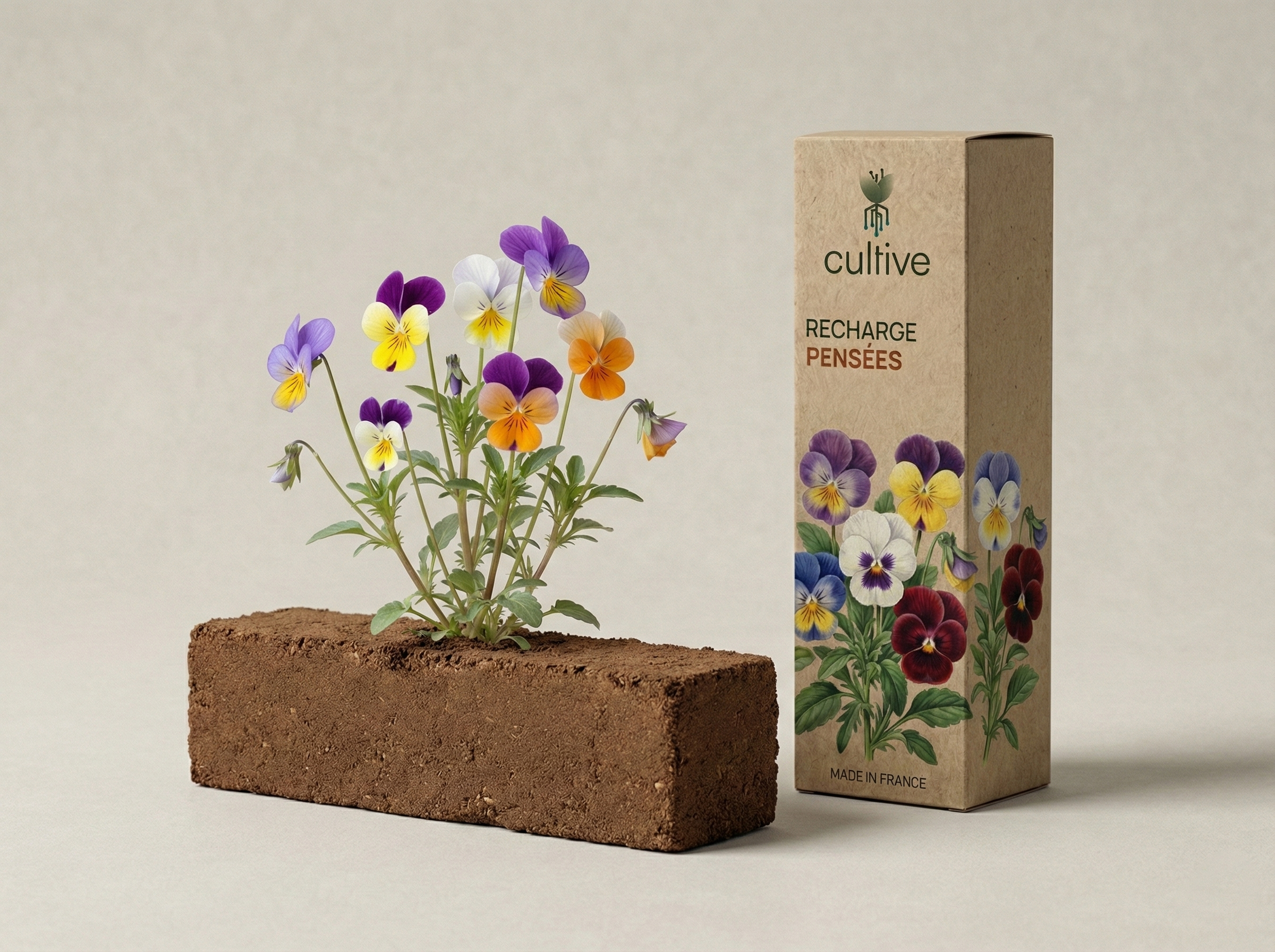 Fleurs de pensées colorées poussant sur une motte de terreau à côté de leur boîte de recharge Cultive.