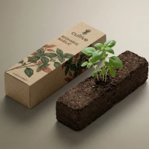 Motte de terre avec un jeune plant de basilic à côté de sa boîte de recharge Cultive.