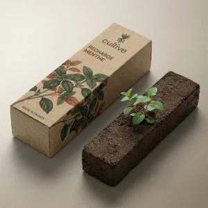 Petite pousse de menthe sur sa motte de culture à côté de la boîte de recharge kraft Cultive.