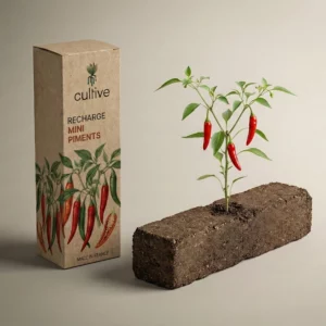 Plant avec trois mini piments rouges poussant sur une motte de terreau à côté de la boîte Cultive.