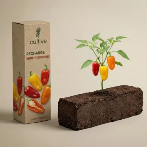 Plant de mini poivrons jaune, orange et rouge sur sa motte de culture près de la boîte Cultive.