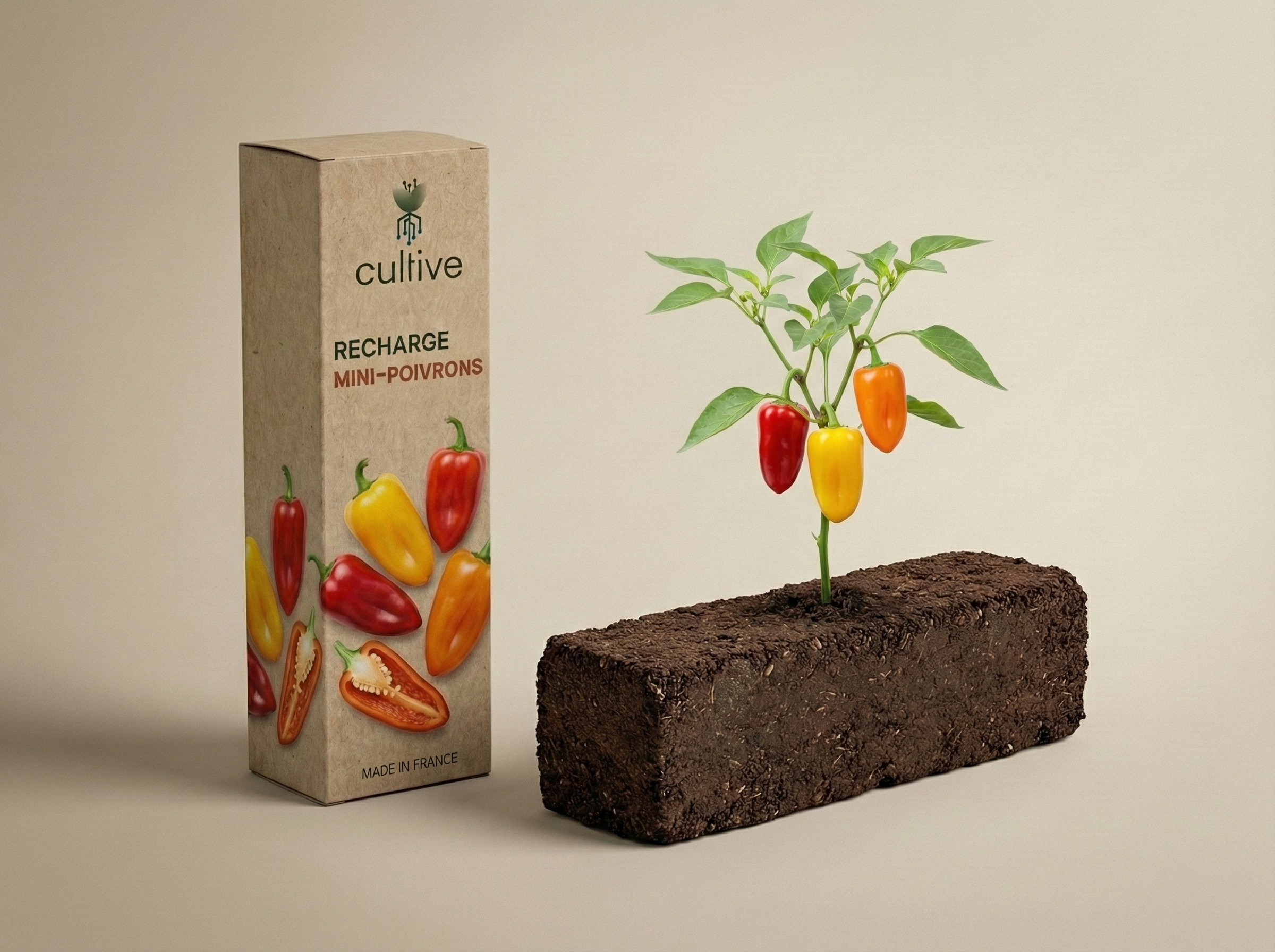 Plant de mini poivrons jaune, orange et rouge sur sa motte de culture près de la boîte Cultive.