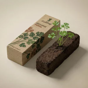 Jeune plant de persil frais sur sa motte de culture près de la boîte de recharge Cultive.