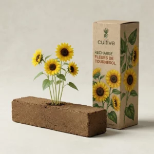 Petits tournesols fleuris sur une motte de culture près de la boîte de recharge Cultive.