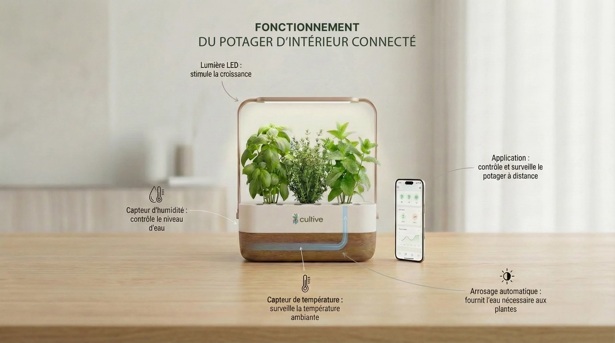 Schéma expliquant le fonctionnement du potager d'intérieur connecté Cultive avec capteurs, lampe LED et application mobile.